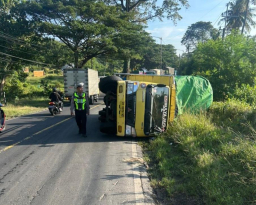 Diduga Tak Kuat Menanjak, Truk Bermuatan Pakan Ikan Terguling di Jalur Watudodol