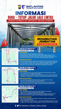Rehabilitasi Jembatan Gambiran Dimulai, Satlantas Polresta Banyuwangi Siapkan Tiga Jalur Alternatif