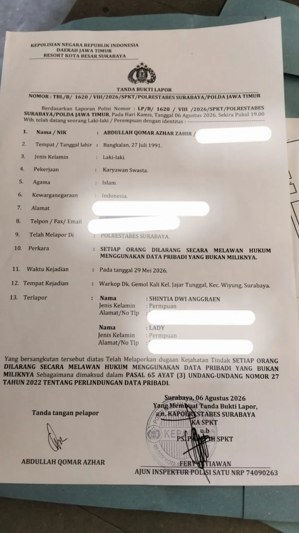 Polrestabes Surabaya Disorot, Penanganan Dugaan Penyalahgunaan Data Pribadi Dinilai Lambat
