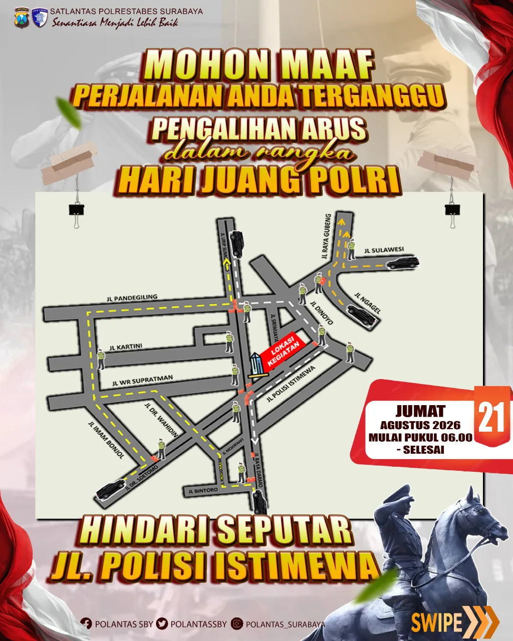 Pengalihan Arus Hari Juang Polri 18–19 Agustus 2026, Cek Rute Alternatifnya!