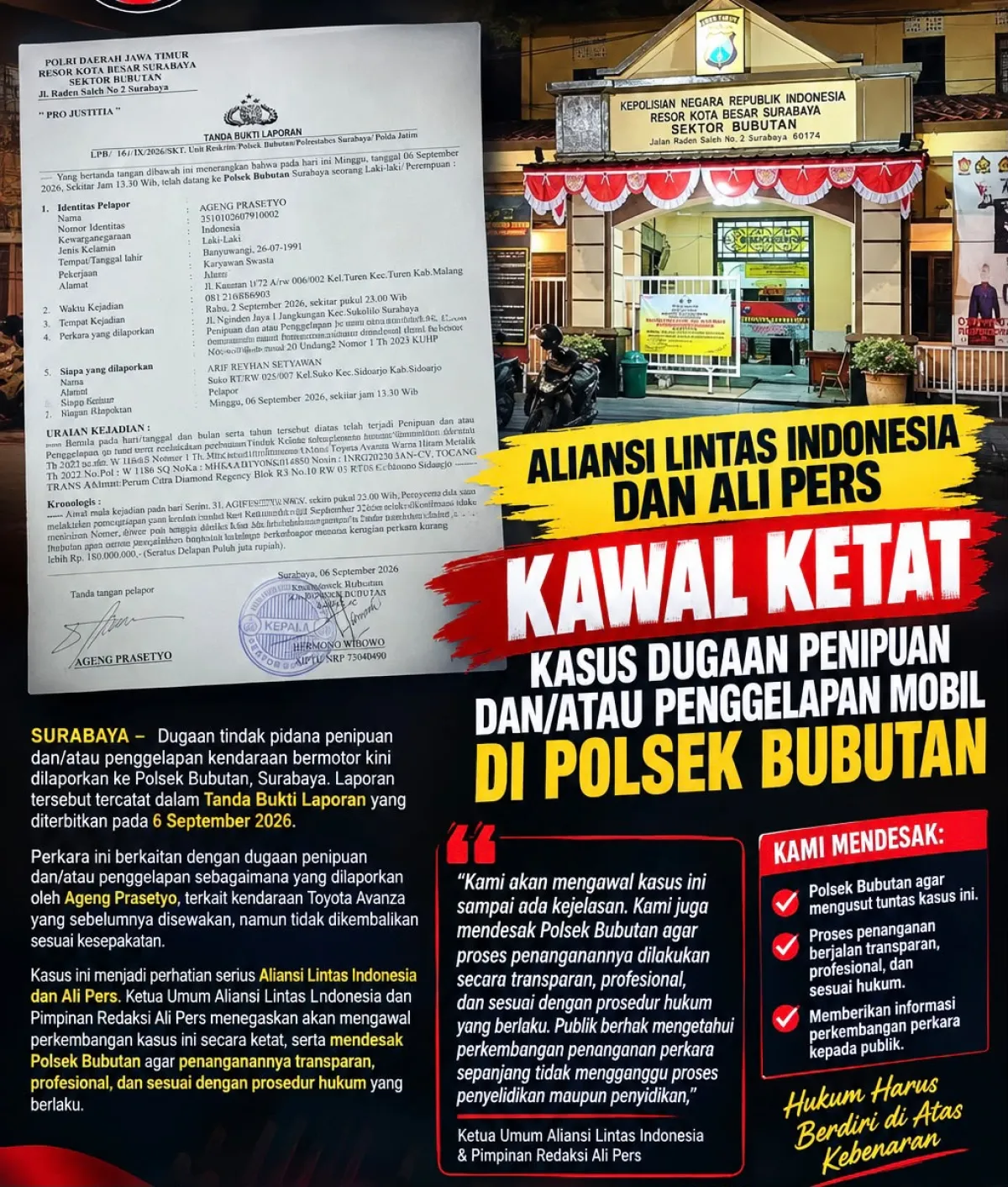 Aliansi Lintas Indonesia dan Ali Pers Kawal Dugaan Penipuan dan/atau Penggelapan Mobil di Polsek Bubutan