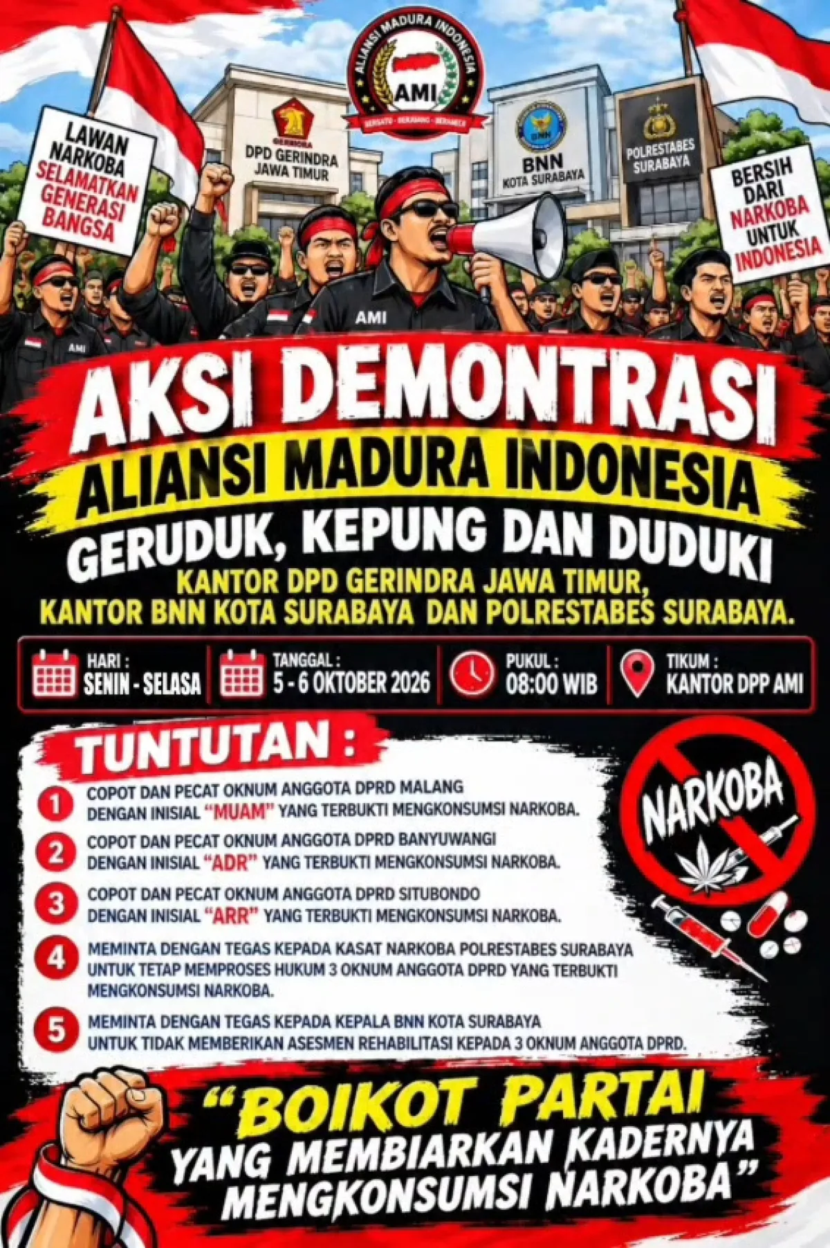 AMI Gelar Aksi Demontrasi Desak penegak Hukum Atas Penyalahgunaan Narkotika Melibatkan 3 Anggota DPRD Partai Gerindra